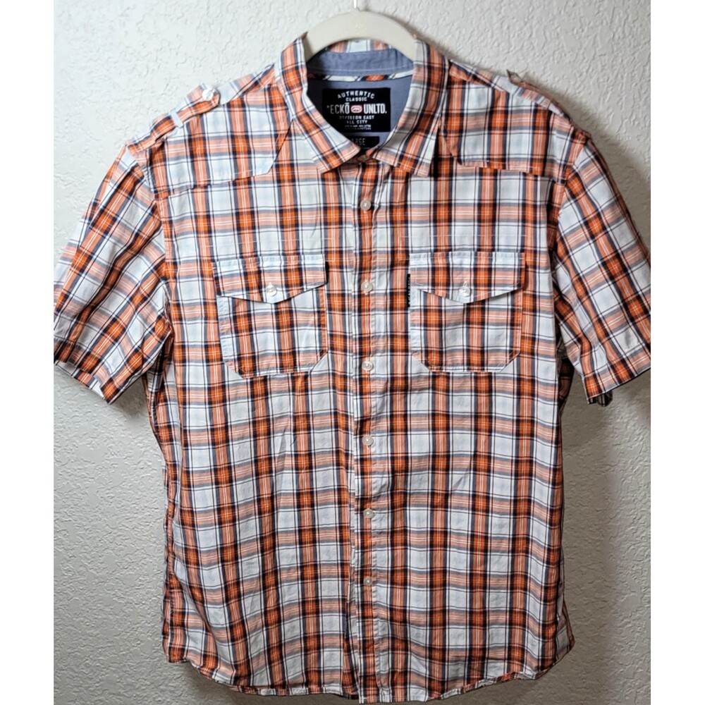 Ecko Unltd Plaid Button Up Shirt Mens Large Orange Blue Short Sleeve Cotton